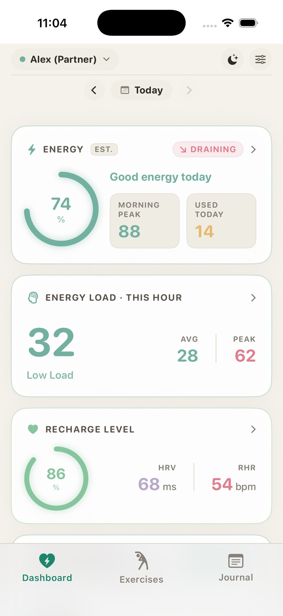 Glimz health dashboard cards