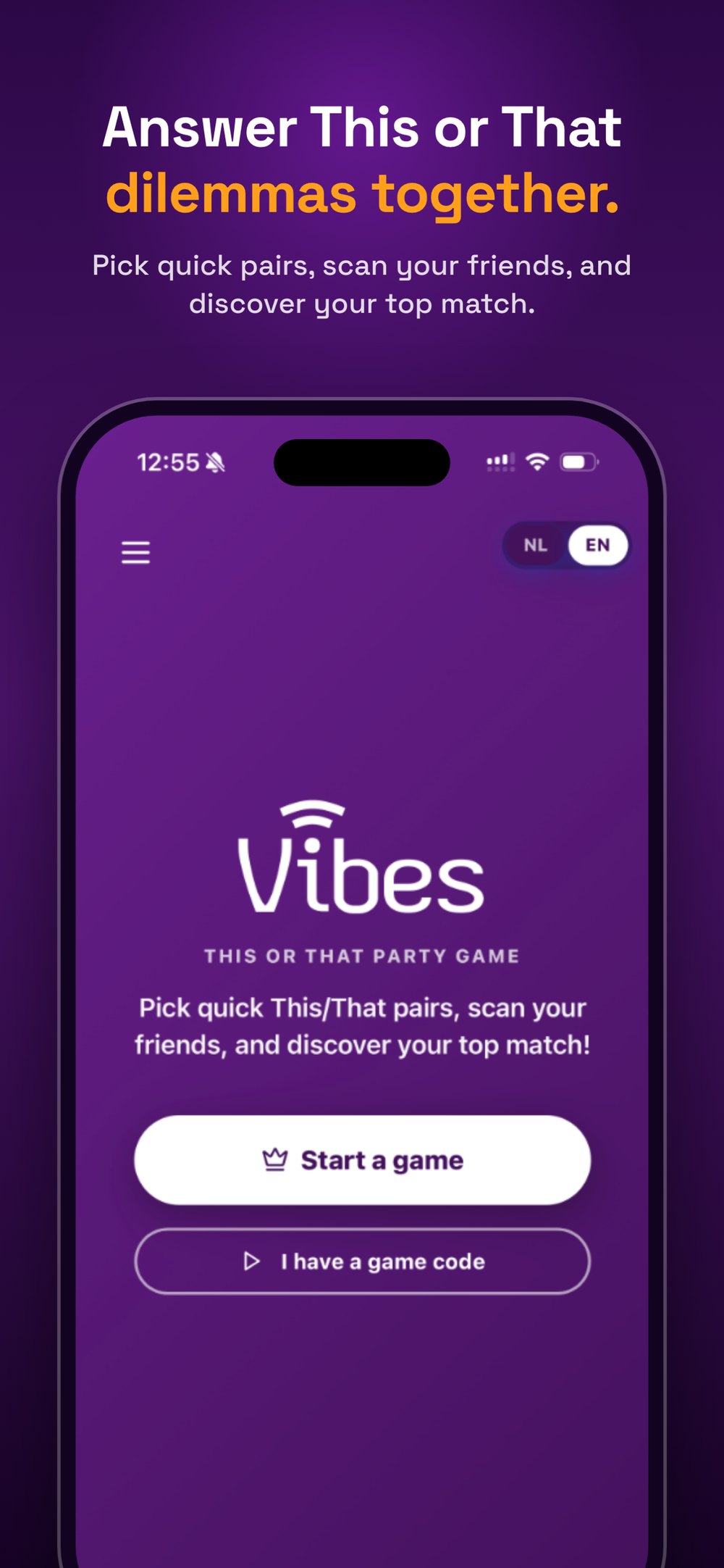 Vibes party game start screen